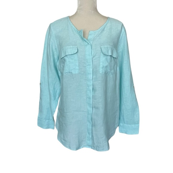 Talbots 100% Linen Top Women’s Size L Chest Pockets Roll Tab Sleeves - Picture 1 of 8
